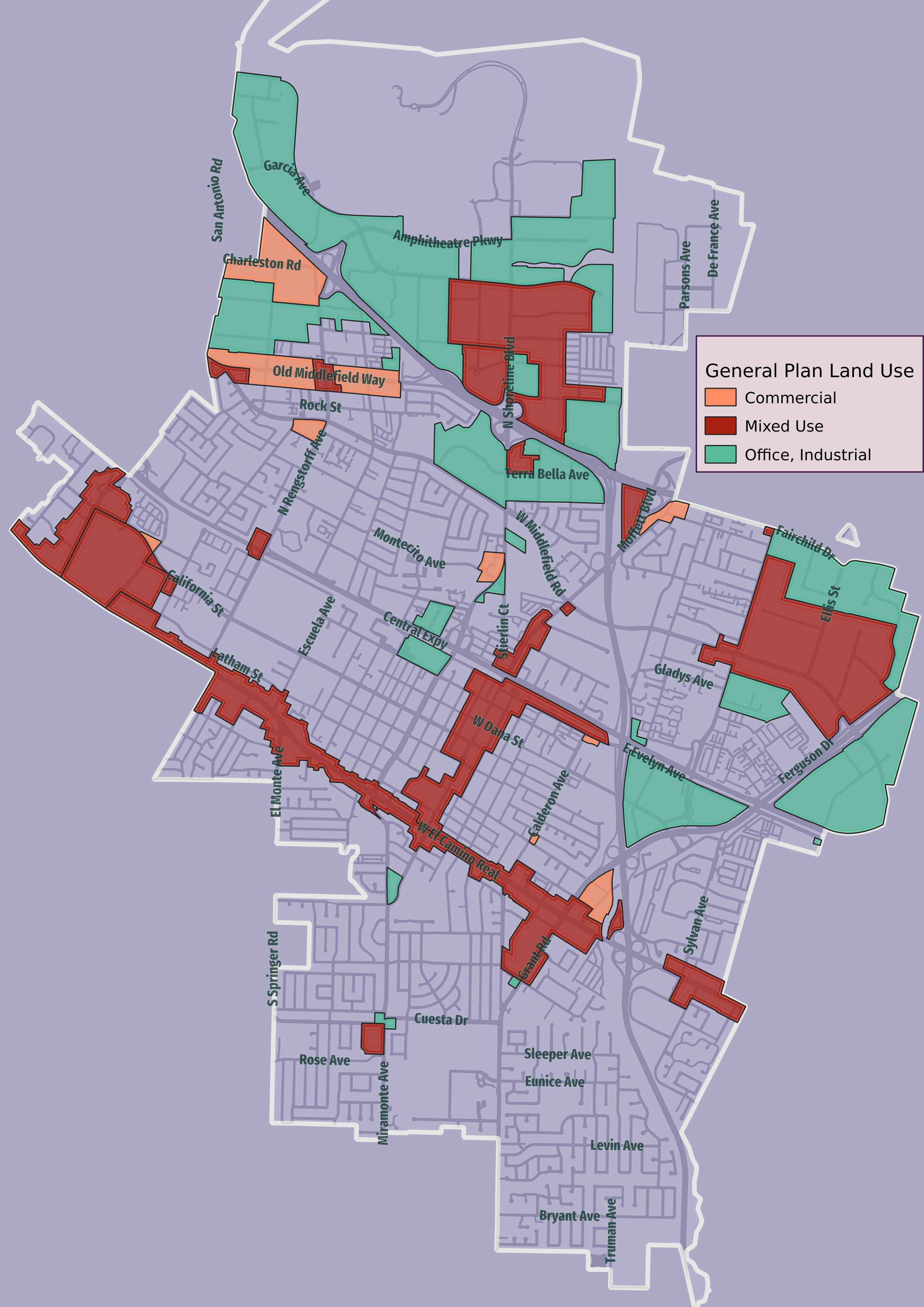Map of Commercial, Office and Mixed Use areas