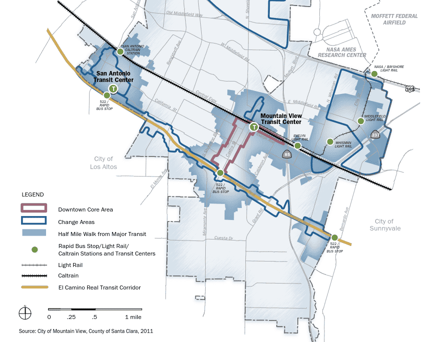 Map showing major transit stops in Mountain View