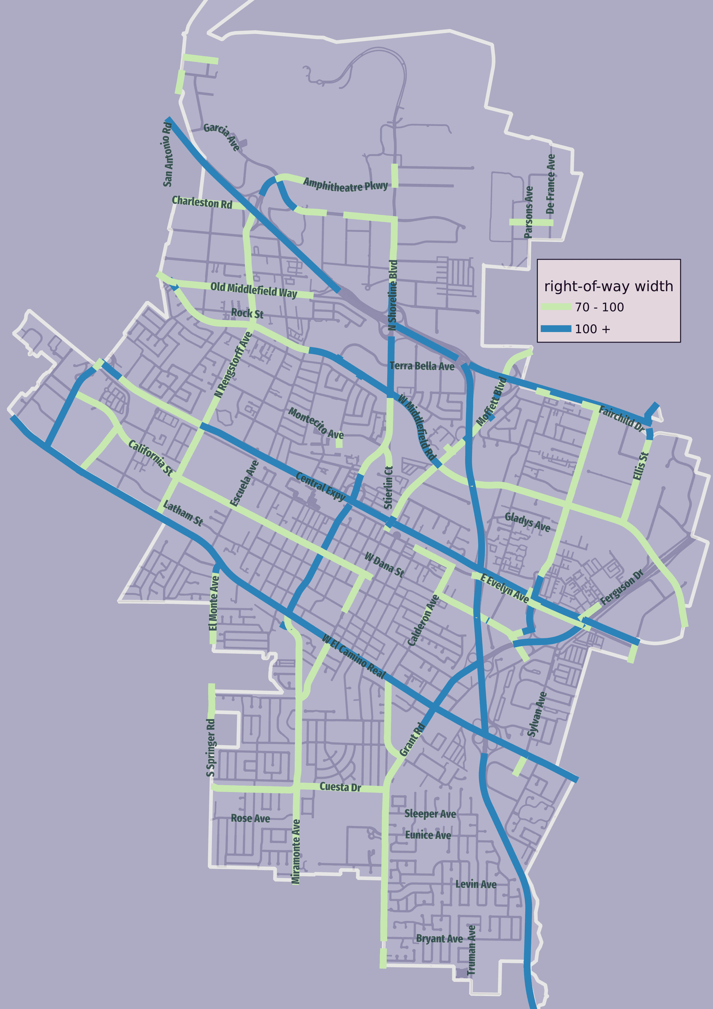 Map of streets with right-of-way larger than 70 feet