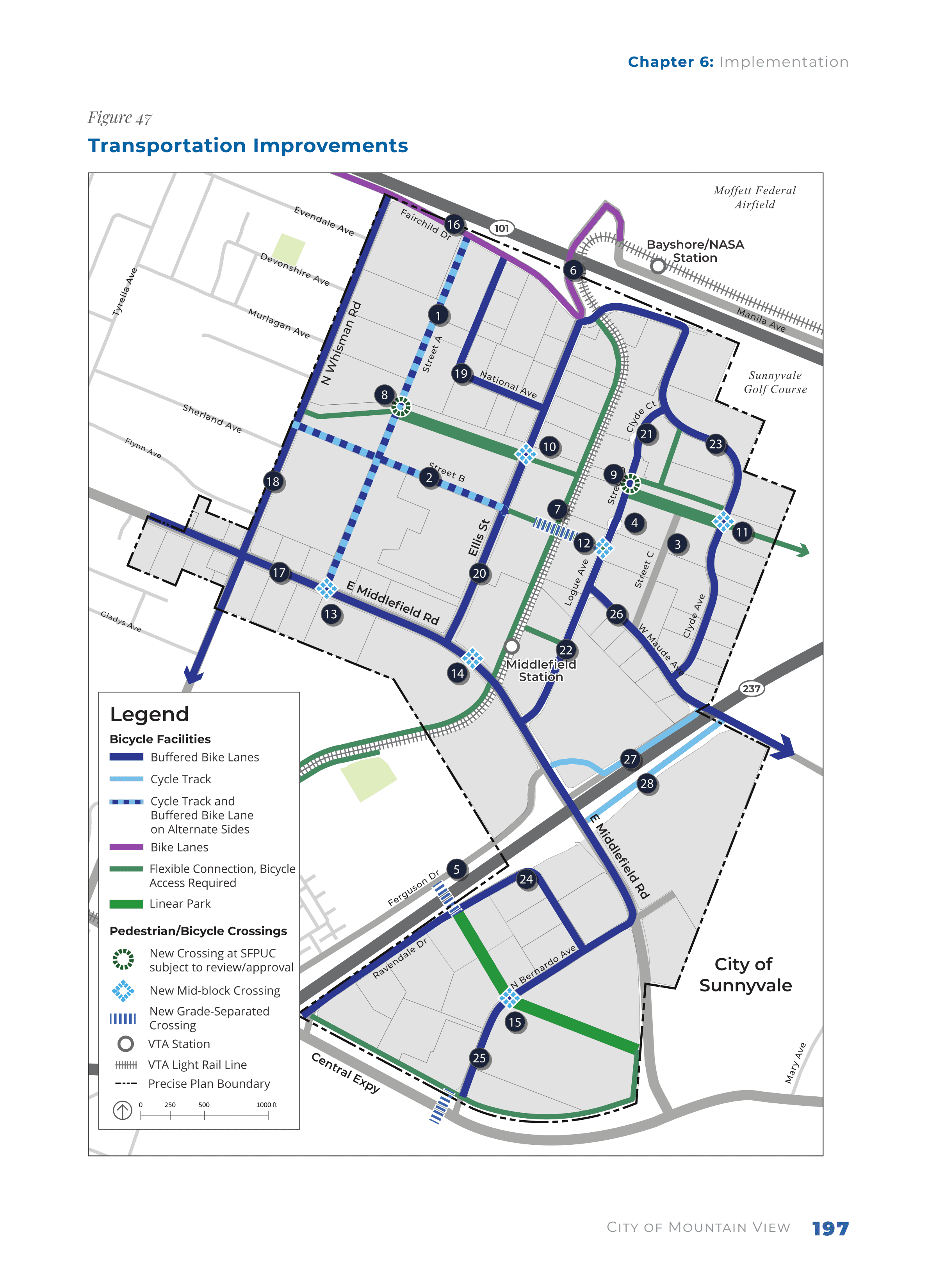 Map of planned bicycle and pedestrian improvements in East Whisman
