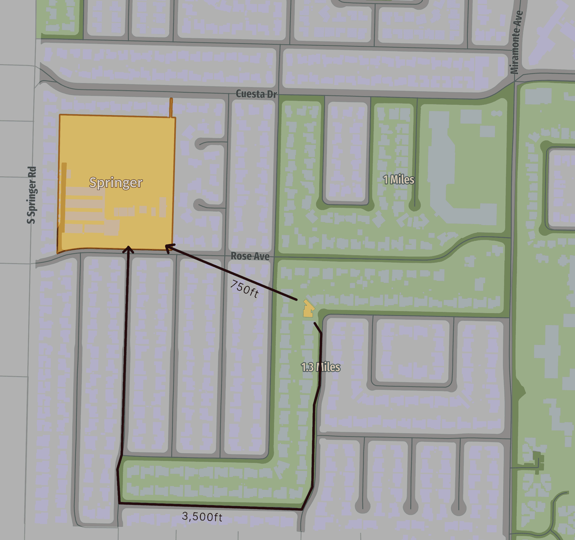 Map showing distance to Springer Elementary