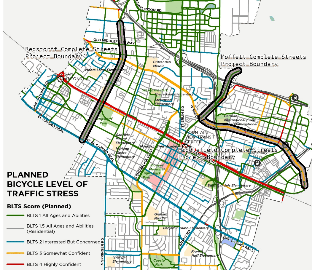 Map of Planned bicycle facilities in Mountain View with the Rengstorff highlighted as BLTS1 - All Ages and Abilities