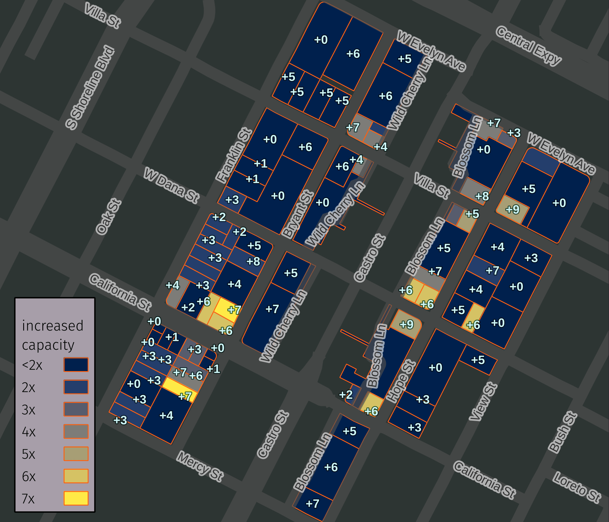 Map illustrating additional housing capacity that would exist if the sliding scale was abandoned