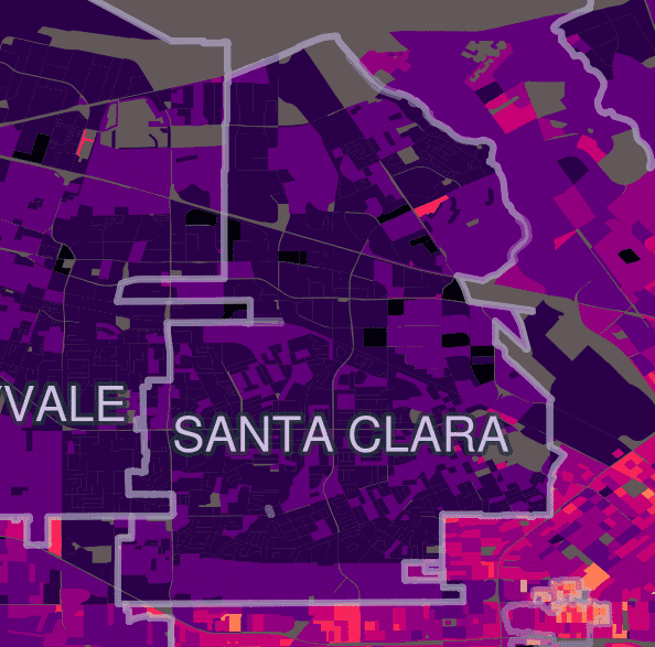 Close up map of the city of Santa Clara