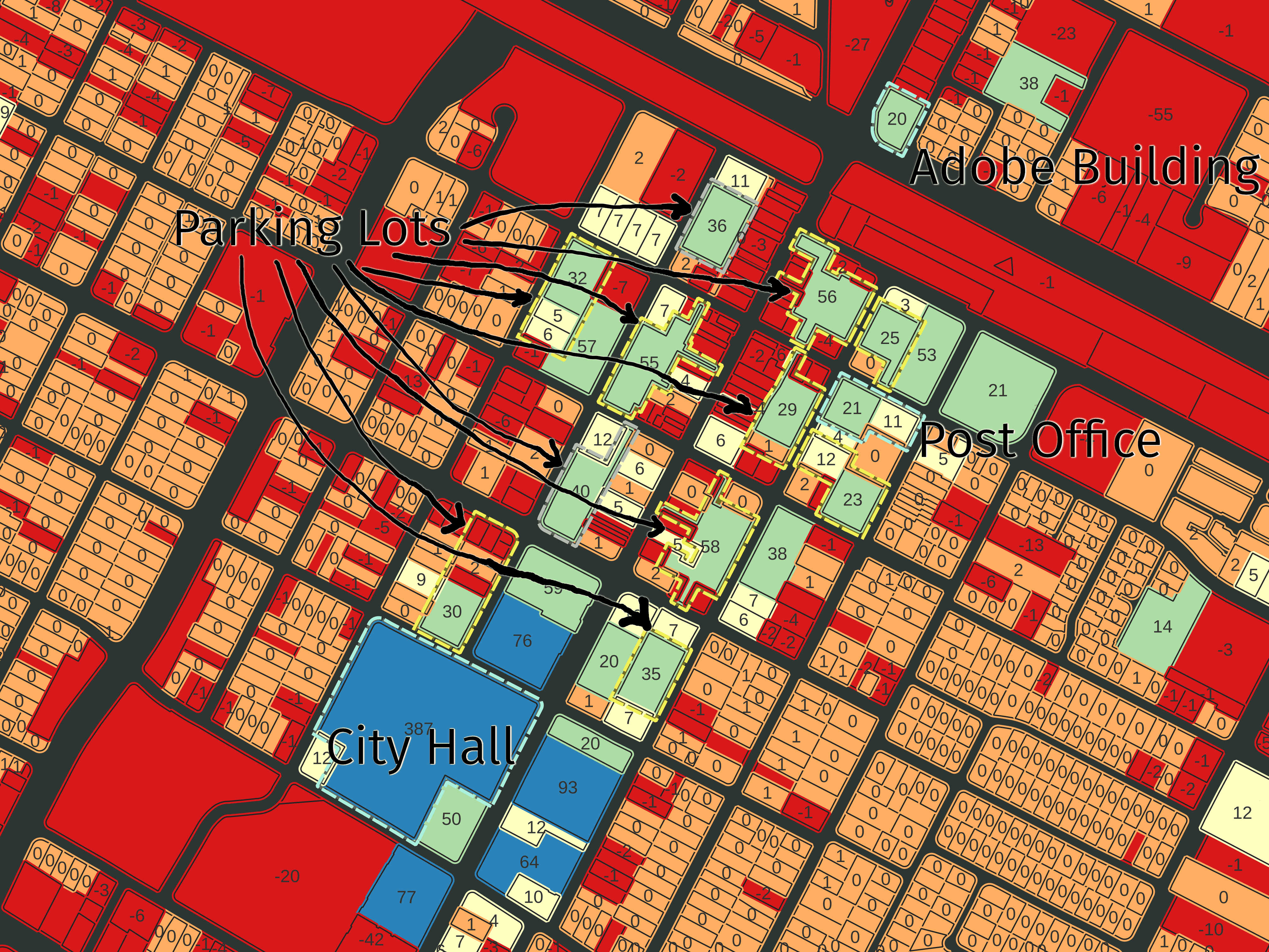 map showing 111 city owned parking lots near the transit center