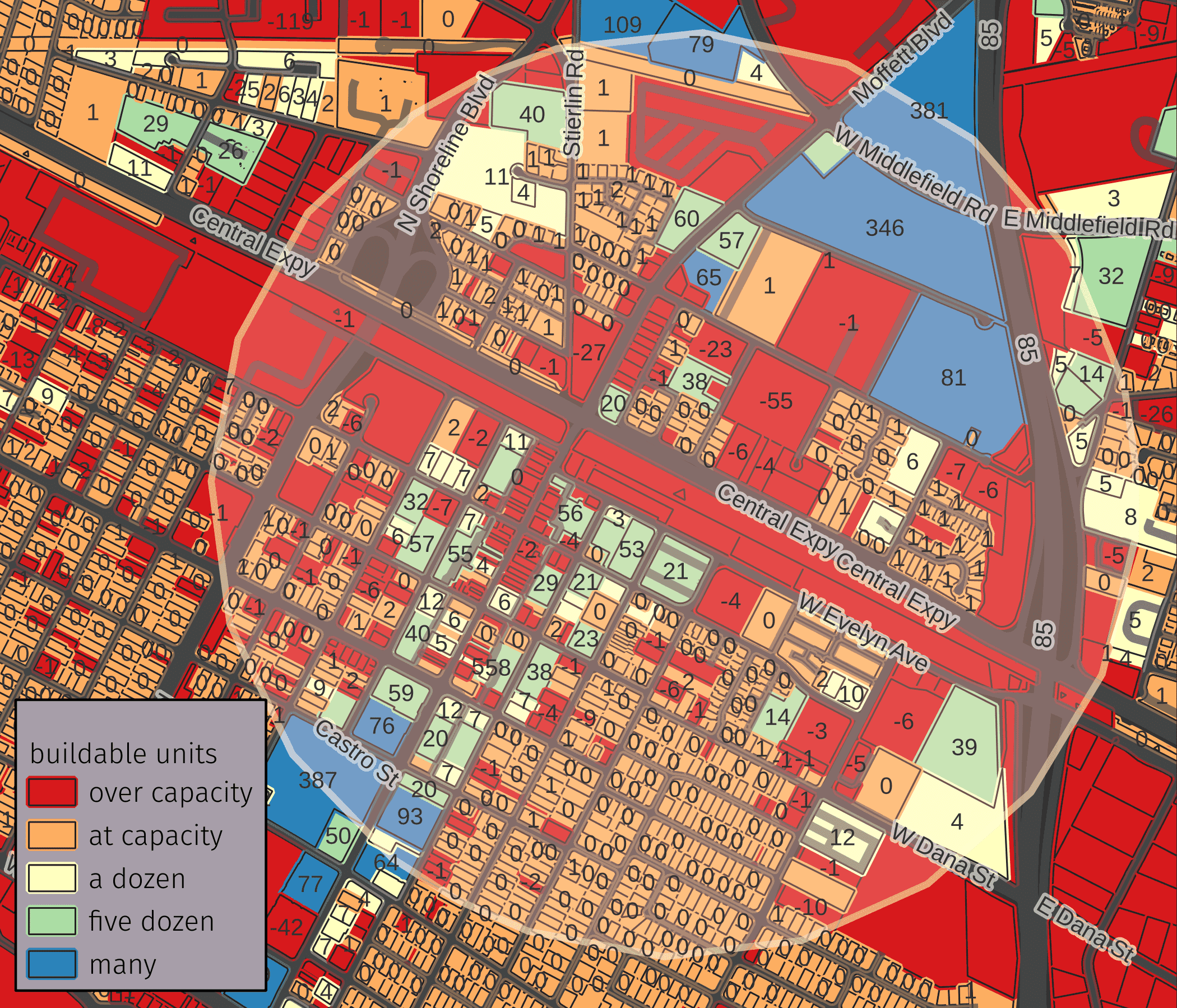 map showing how many more units are allowed under current zoning