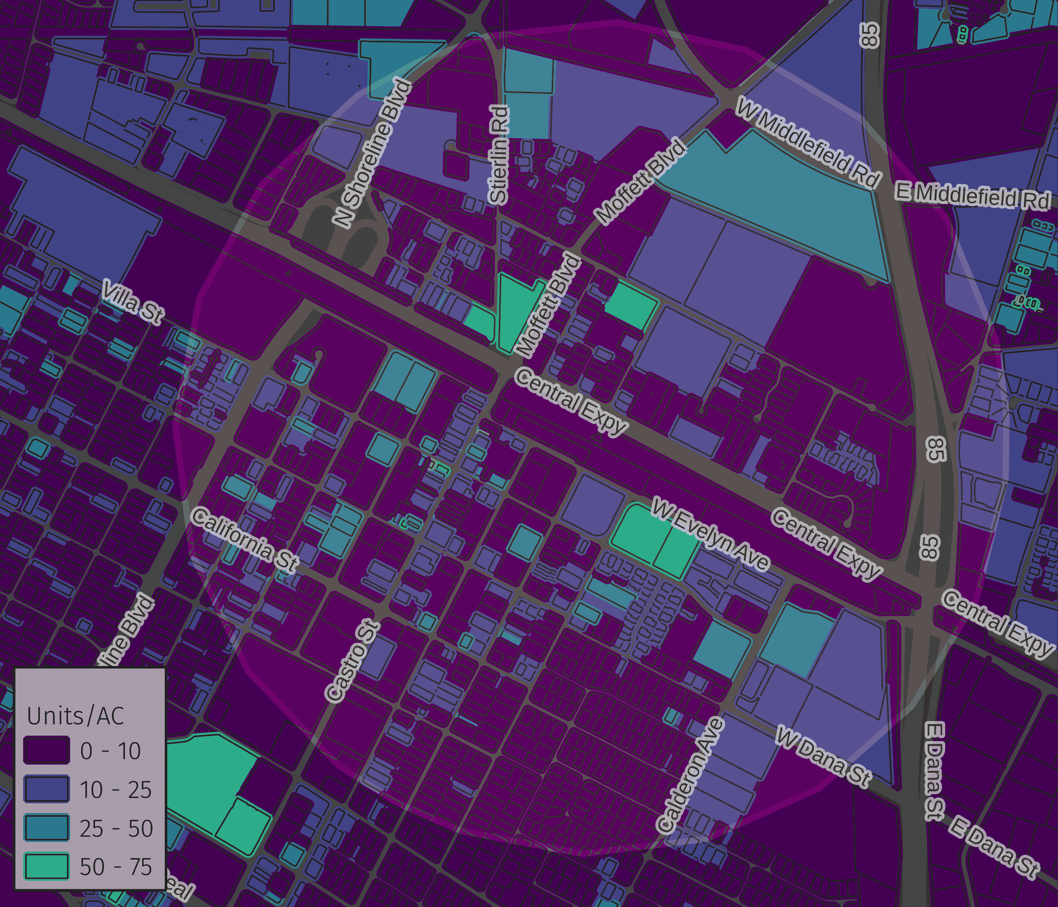 map showing housing density near the transit center