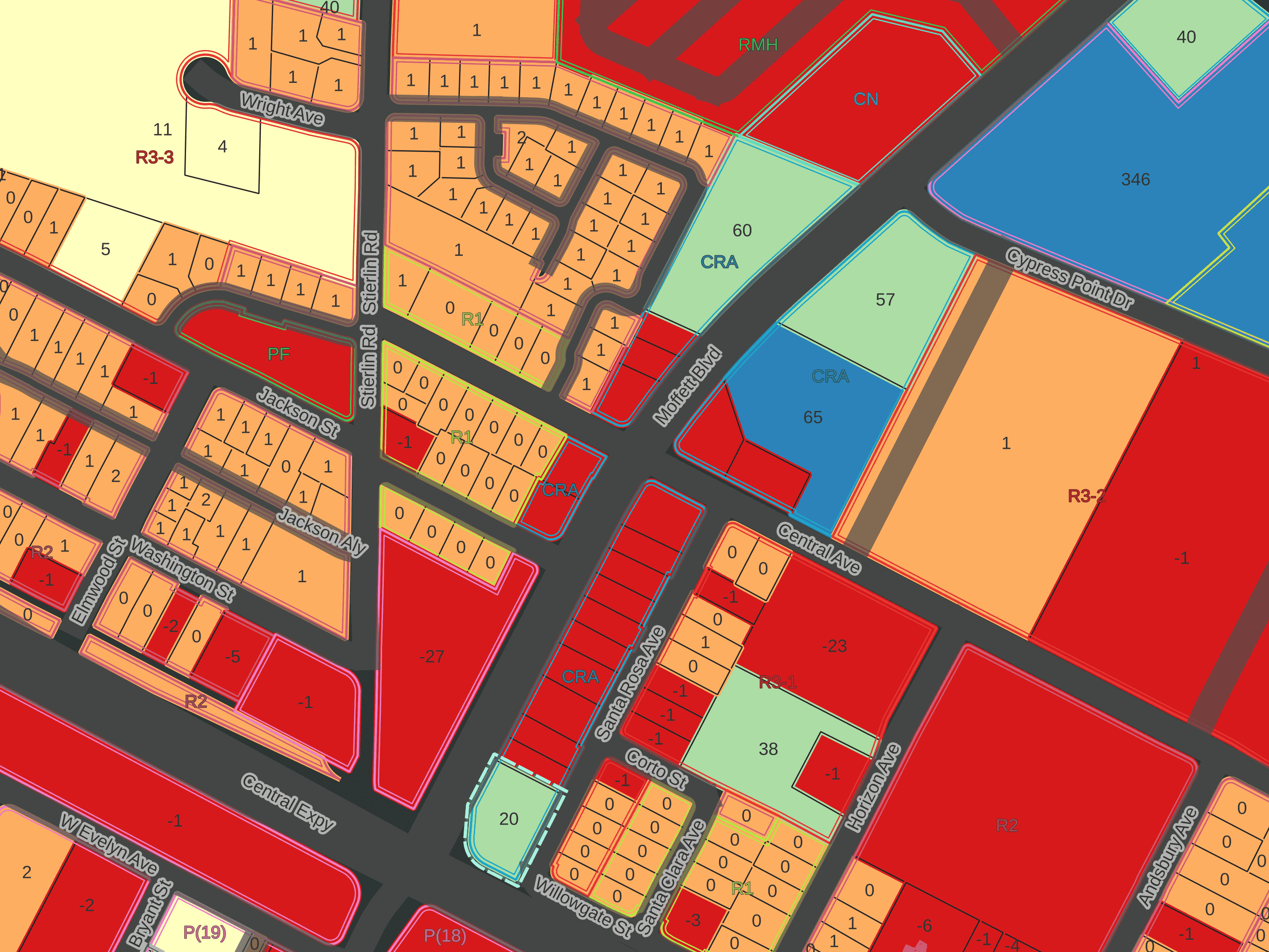 closeup of the allowed density map, focused on Moffett Blvd