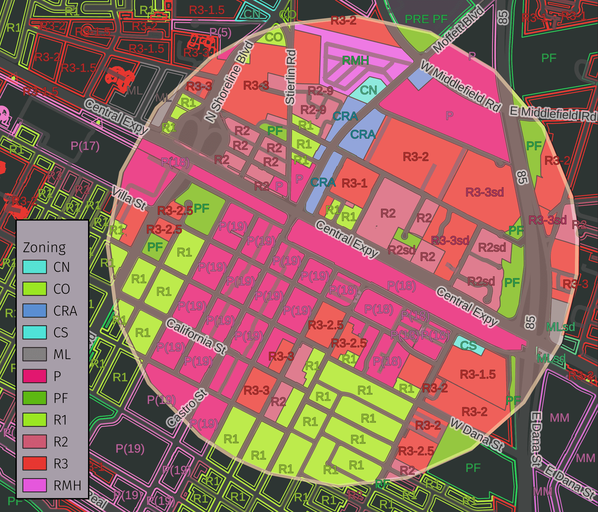 map of zoned areas within a half mile of the transit center